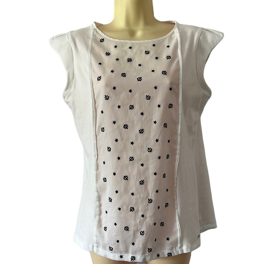 Tommy Hilfiger Knit Top Blouse Woman’s medium White Navy Embroidered Anchor Star